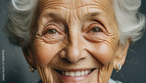 Portrait of Wisdom: Close-Up of Elderly Caucasian Woman with Gentle Smile and Detailed Facial Wrinkles, Reflecting a Lifetime of Experiences