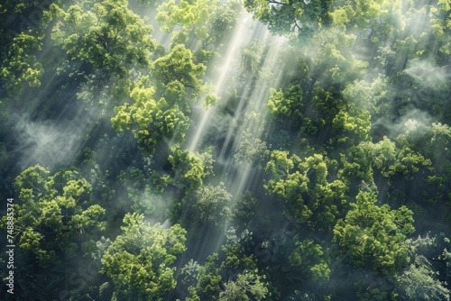 Realistic photo from the top of a deciduous forest. Forest in the rays of the rising sun that pass through the morning fog.