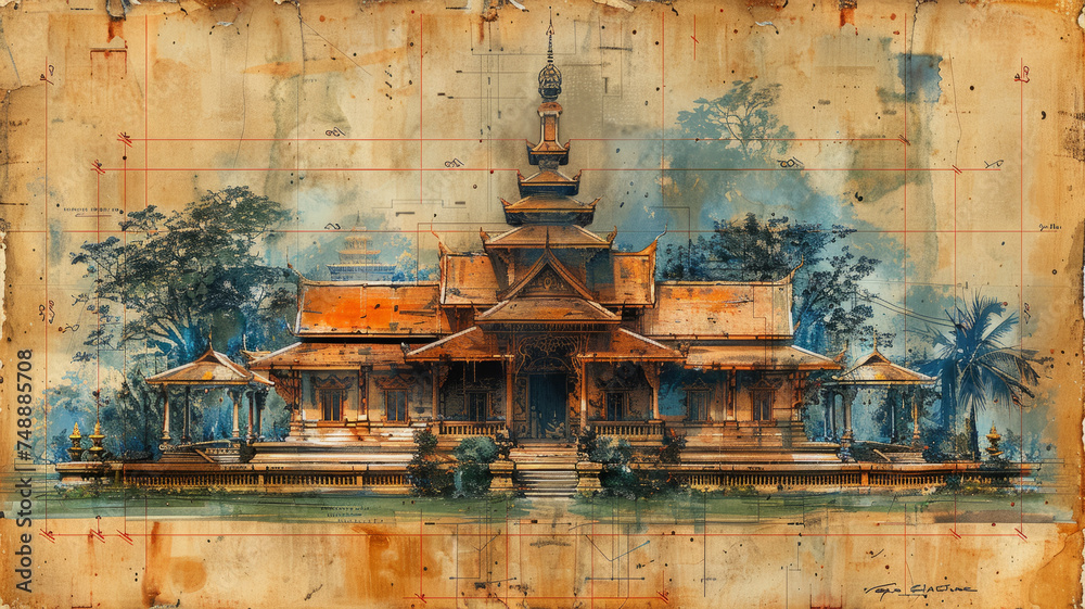 a construction blueprint in an exploded schematic style depicting instructions how to create the Ancient Thai style house, 1820s era,generative ai