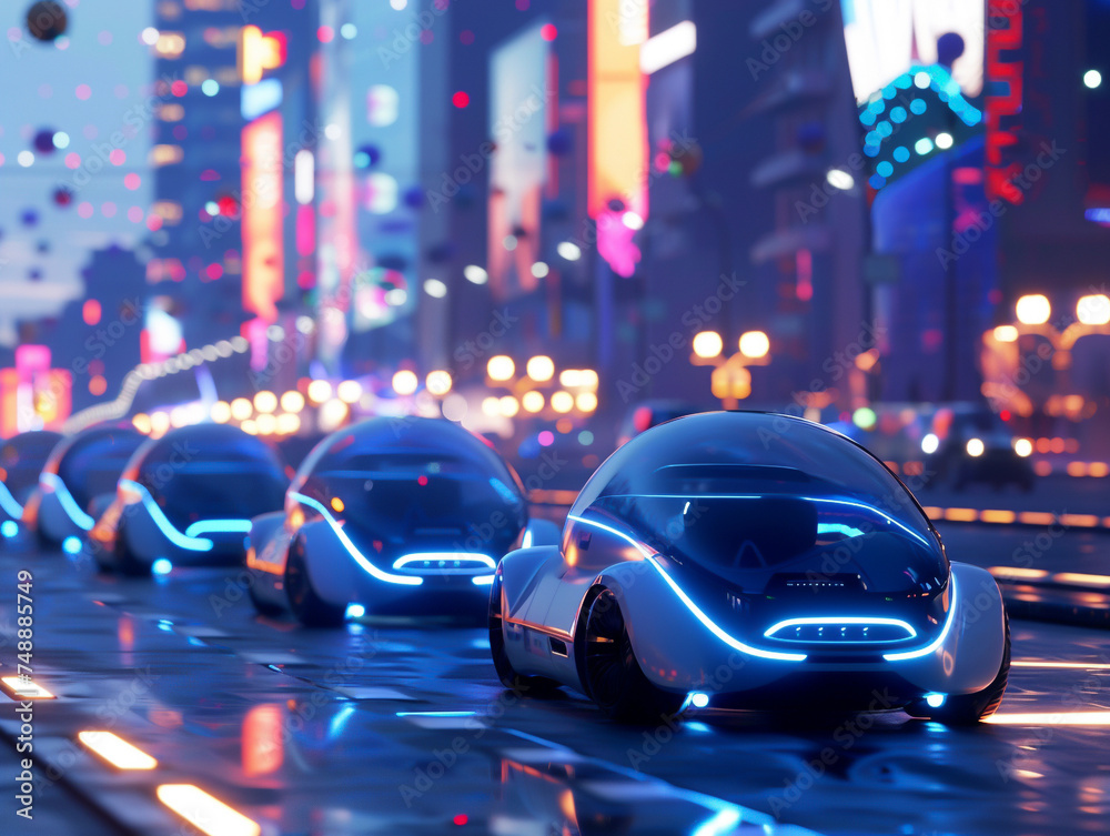 Sleek autonomous cars gliding through a smart city at dusk Connectivity and AI in harmony showcasing the future of transport