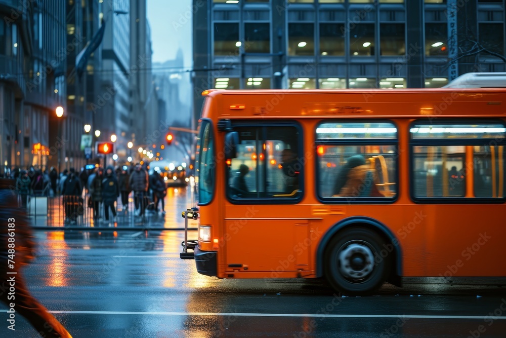 Orange City Bus on Rainy Evening Street
