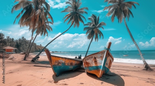 This image captures a serene and picturesque tropical beach setting, where two wooden boats with blue and orange accents are resting on the sandy shore. The clear blue sky, a few wispy clouds, and lus photo