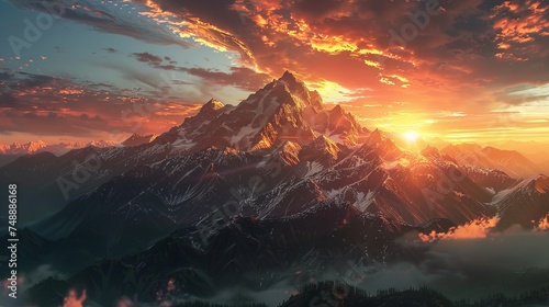 Spectacular view of a mountain range at sunrise #748886168