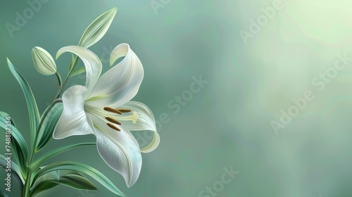 Serene White Lily on Soft Green Backdrop, A single white lily exudes tranquility, with its delicate petals and soft green buds, set against a gentle green gradient background.