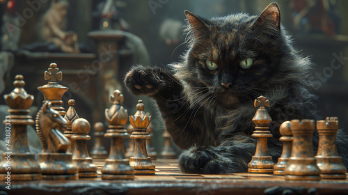 black and white cat on chess board whimsical
