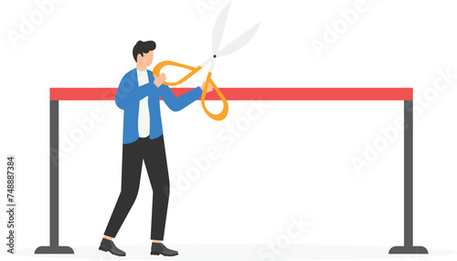 Ribbon cutting ceremony with scissors by business person. Starting business vector illustration

