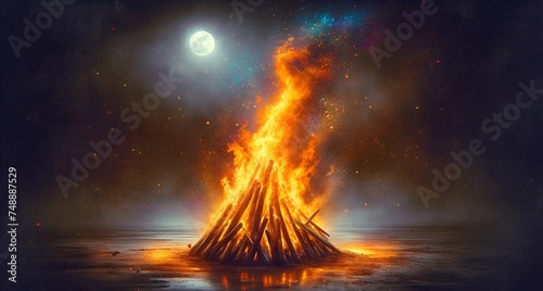 Illustration of holika dahan with traditional hindu bonfire at full moon night. photo