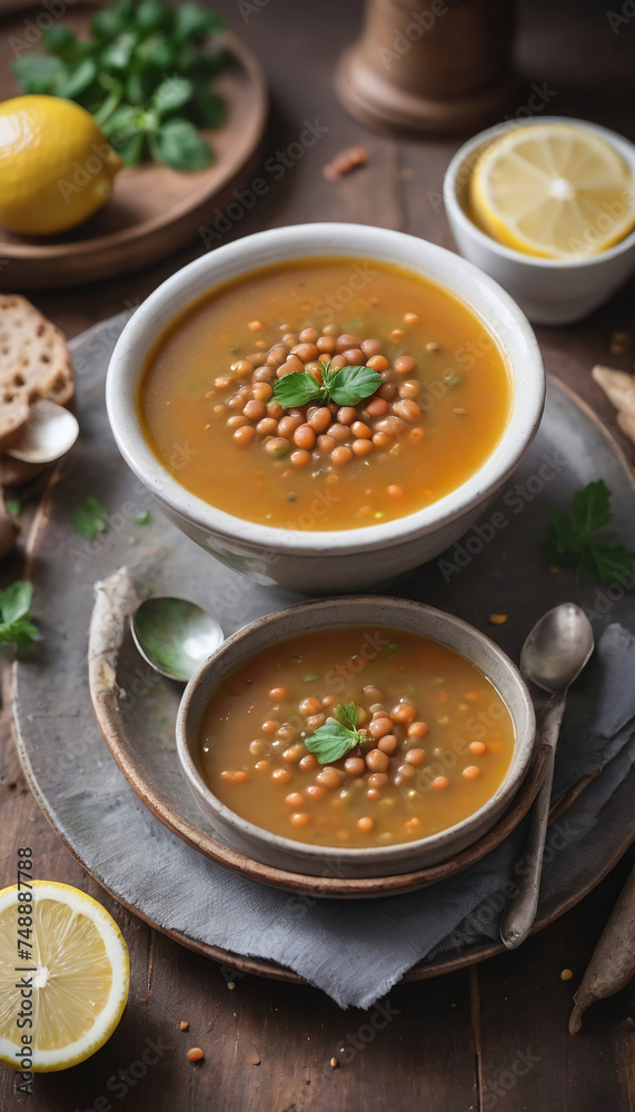 Photo Of Lentil Soup Watercolor With Lemon. Photo Of Lentil Soup Watercolor With Lemon.