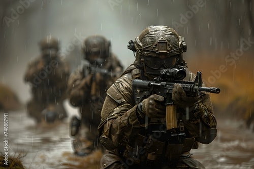 special forces squad advancing on the battlefield
