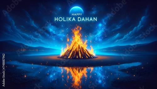 Wallpaper for holika dahanwith a large vibrant bonfire at night with dark blue tones. photo