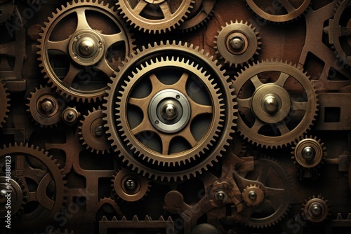 From above technical texture of steampunk gears on dark brown background