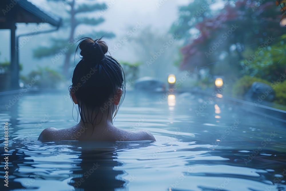 Woman enjoying an open-air bath at dawn at a luxury resort - obrazy, fototapety, plakaty 