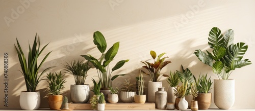 Several potted plants are neatly arranged on a shelf, adding a touch of greenery and natural elements to the interior space. The plants vary in size and type, creating a visually appealing display.