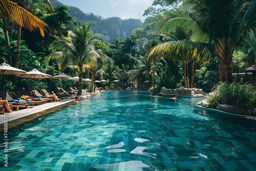 Outdoor swimming pool at a luxury resort in Southeast Asia in summer