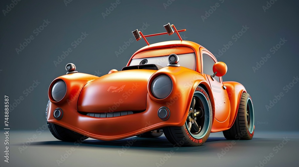 3d render of a coupe cartoon sport car miniature character with orange ...