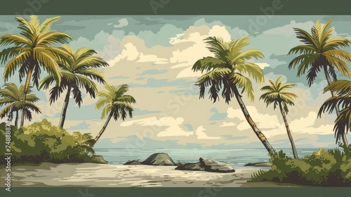 illustration of a beach with palm trees  clouds  in pastelle color. Generative AI