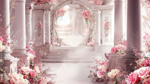 wedding background illustration of dreammy pink hall with pillars and flowers. Generative AI