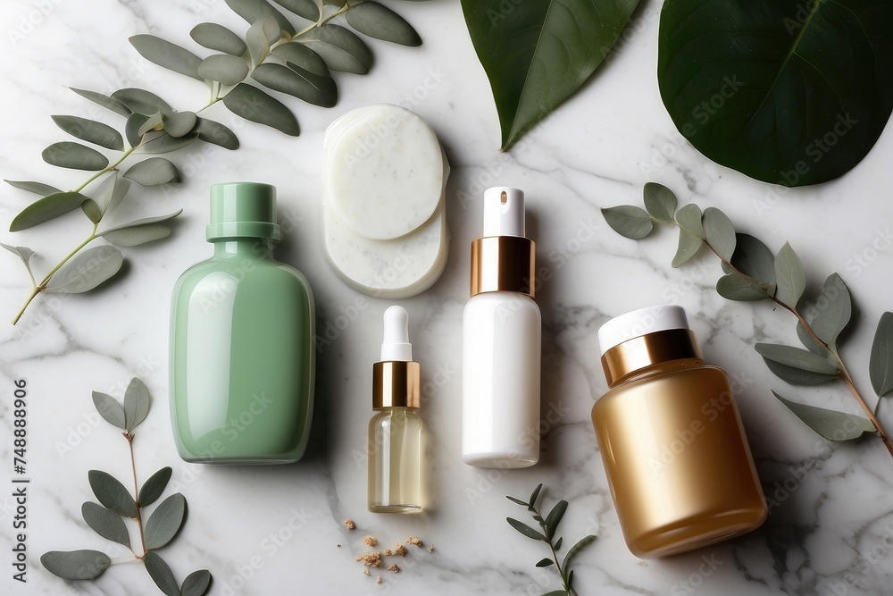 An array of skincare products, including serums and creams, neatly arranged on a white surface.
