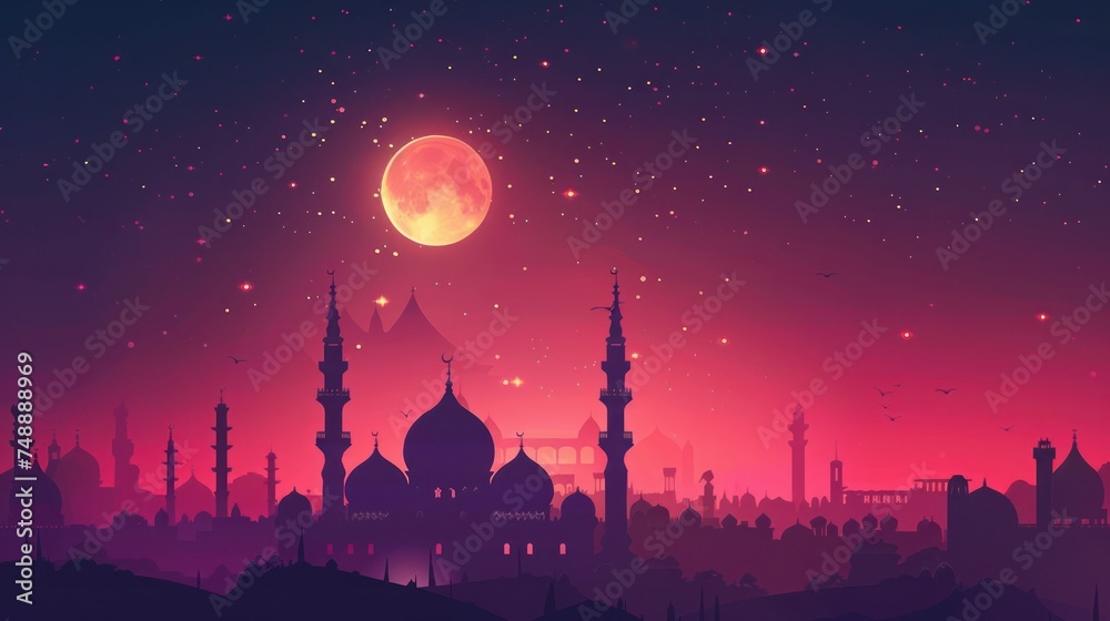 beautiful silhouette of arabic mosque with starry purple sky, plexus and full moon. Generative AI - obrazy, fototapety, plakaty 