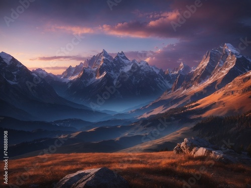 "Twilight Majesty Over Valleys: Capturing the Spectacular Mountain Peak Vista at Sunset"