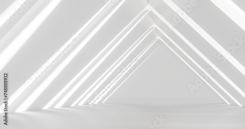 Futuristic interior background lamps glowing in white tunnel 3d render