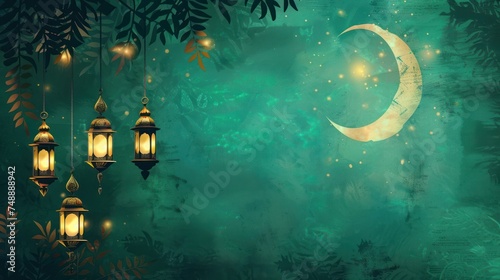 arabic eastern Ramadan background with silhouette of leaf and illuminated lantern witht crescent moon and textured background. Generative AI