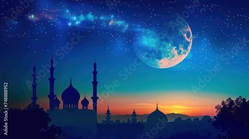 beautiful silhouette of arabic mosque with starry blue sunset sky and moon. Generative AI