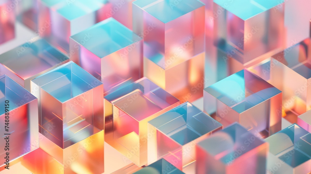 A vibrant 3D rendering of multiple translucent cubes in shades of pink, blue, and orange with light flares