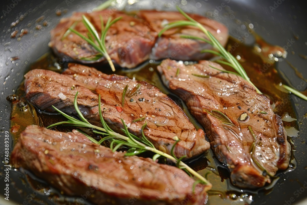 Juicy steak in a pan with a branch of rosemary. Cooking steak.