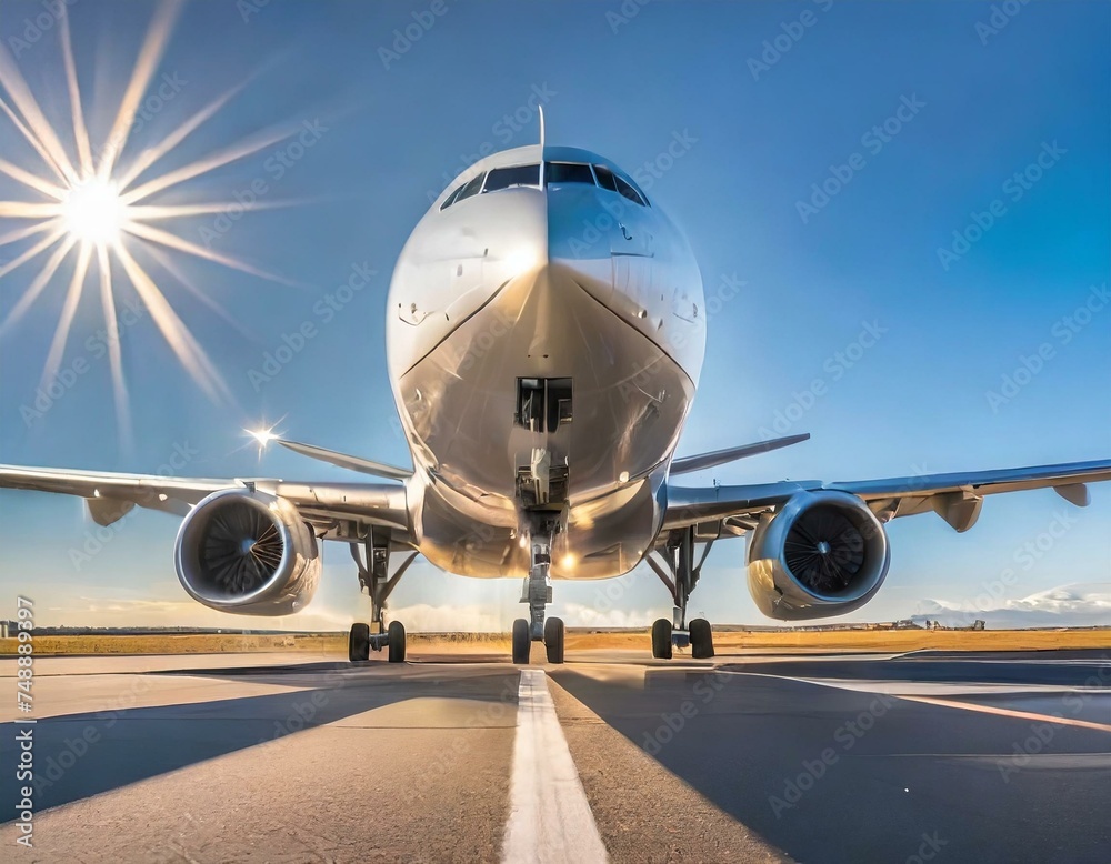 Naklejka premium Skyward Bound: Airplane Soars as It Takes Off from Airport Runway