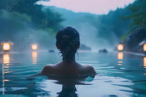 Woman enjoying an open-air bath at dawn at a luxury resort