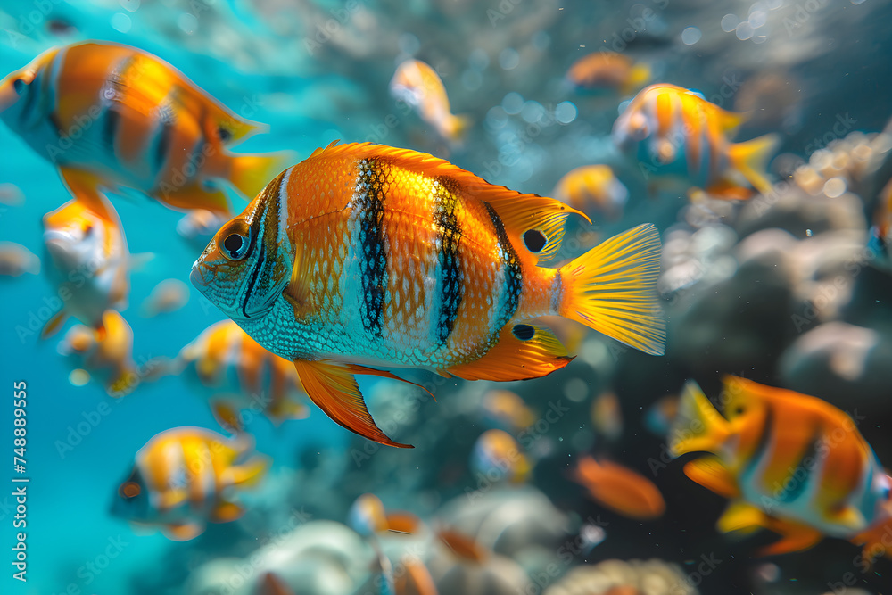 Tropical seascape with beautiful tropical fish - obrazy, fototapety, plakaty 