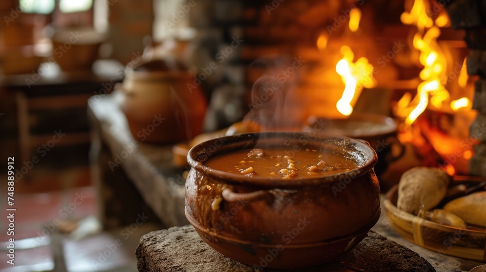 rustic kitchen scene with a traditional clay pot simmering Champurrado over an open flame, evoking nostalgia for homemade comfort