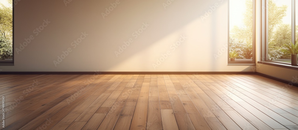 A spacious room with dark wooden floating laminate flooring and expansive windows that flood the space with natural light. This interior is part of a newly built countryside apartment or house, - obrazy, fototapety, plakaty 