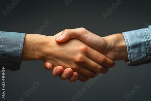 Businessmen shaking hands after successful contract signing, close-up, dark grey background