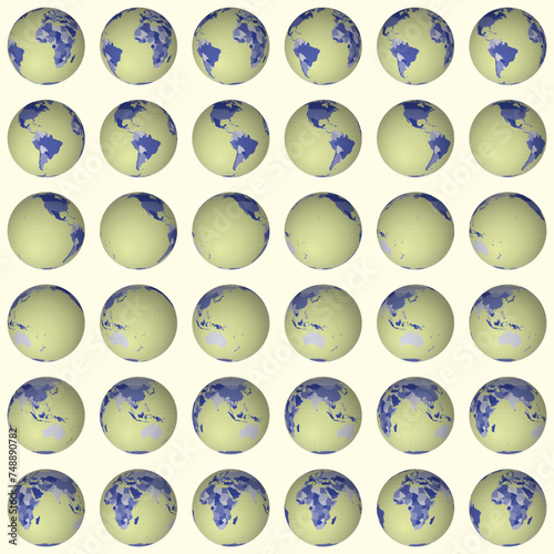 Collection of earth globes. Normal sphere view. Rotation step 10 degrees. Colored countries style. World map with dense graticule lines on light background. Creative vector illustration.