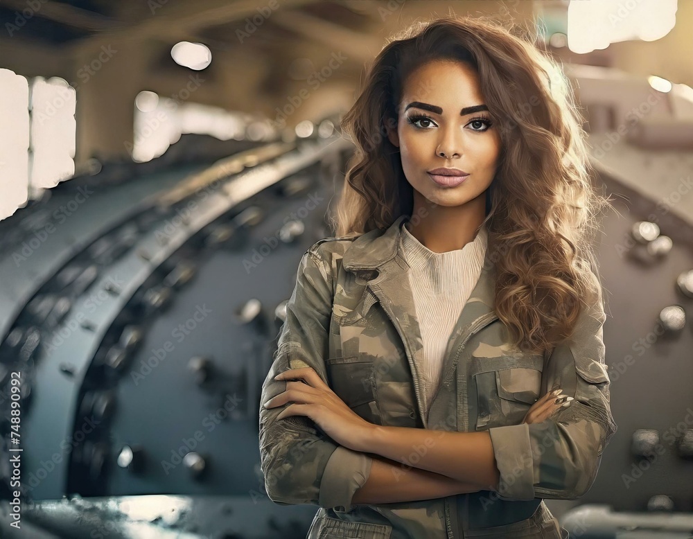 Strength and Beauty: Military Woman Posing Near Tank in Uniform Strength and Beauty: Military Woman Posing Near Tank in Uniform