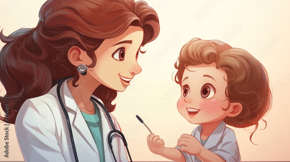 Heartwarming cartoon illustration depicts a caring doctor providing tender and compassionate care to children, ensuring a comforting and nurturing environment for their well-being and recovery. Heartwarming cartoon illustration depicts a caring doctor providing tender and compassionate care to children, ensuring a comforting and nurturing environment for their well-being and recovery.