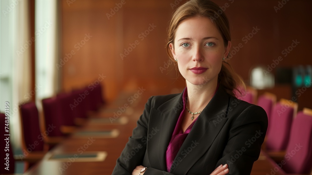 Confident businesswoman stands in a meeting room, fully prepared to lead the business to success, showcasing leadership, determination and strategic planning. Confident businesswoman stands in a meeting room, fully prepared to lead the business to success, showcasing leadership, determination and strategic planning.