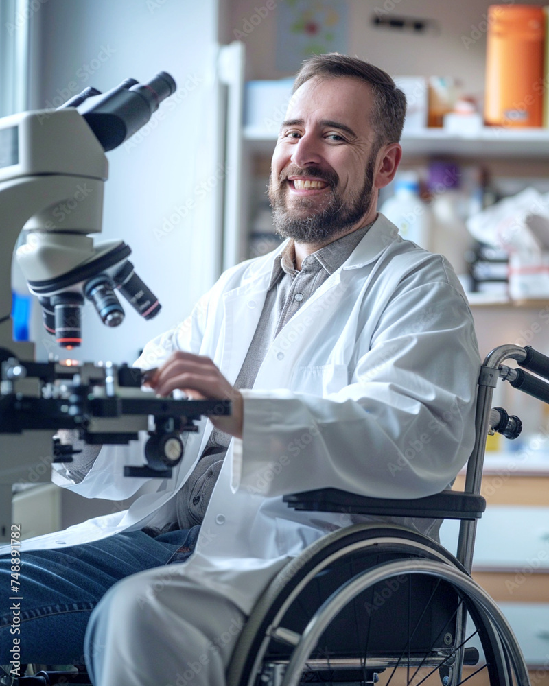 A person with a motor disability working in an inclusive workplace A person with a motor disability working in an inclusive workplace