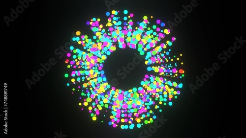 Rotating and blooming abstract circle with color changing colorful particles 