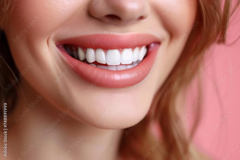Charming female smile with white teeth in braces, copy space, photo-realistic Charming female smile with white teeth in braces, copy space, photo-realistic