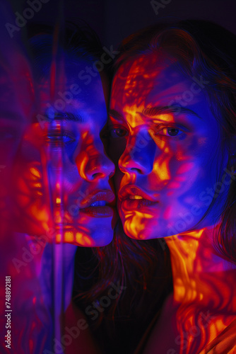 Two girls in the dark.Fluorescent colors.