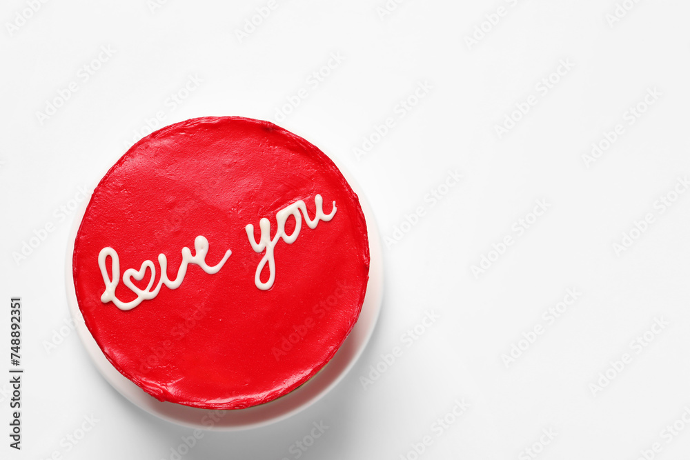 Bento cake with text Love You and space for text on white table, top view. St. Valentine's day surprise Bento cake with text Love You and space for text on white table, top view. St. Valentine's day surprise
