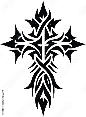 gothic cross in modern tribal tattoo, abstract line art, minimalist contour,