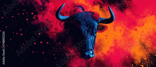 a painting of a bull's head with red and orange paint splattered on it's face. photo