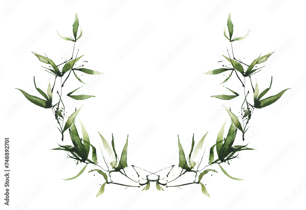 Watercolor hand painted exotic greenery round symmetric frame. Green bamboo branches, leaves and twigs. Watercolour template design.
