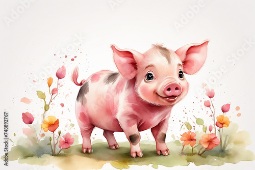 Cute pig with flowers on white background. Watercolor painting.