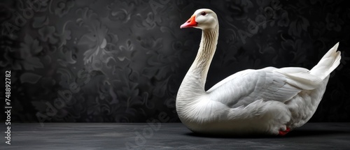 a white swan with a red beak sitting on a black surface in front of a black wall with a black background.
