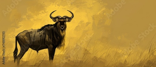 a painting of a wildebeest standing in a field of tall grass with a yellow sky in the background. photo
